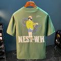 Green men's loose fit graphic T-shirt with literary print and short sleeves