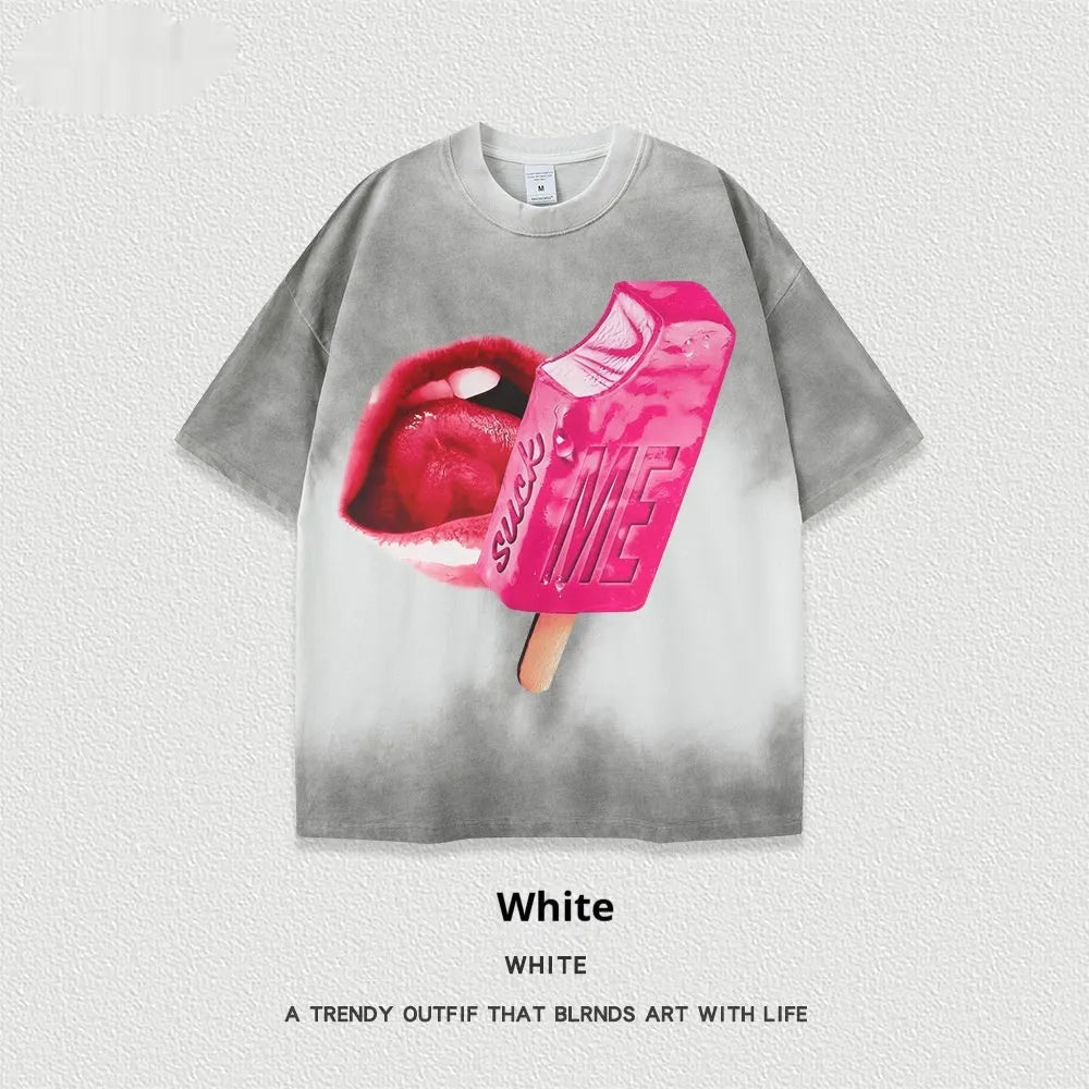 Loose fit heavy washed cotton t-shirt with a cartoon print on the front, shown in a selected colour.