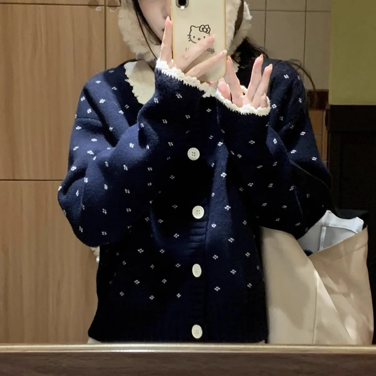 Retro Peter Pan collar floral pattern knitted cardigan coat in navy blue, apricot, grey.