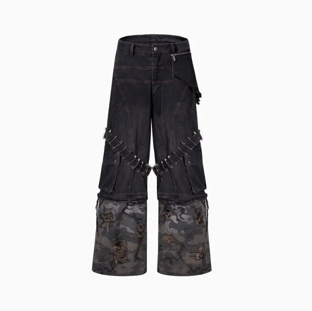 Men's grey camouflage jeans with splicing panel design and decorative pin and ribbon details