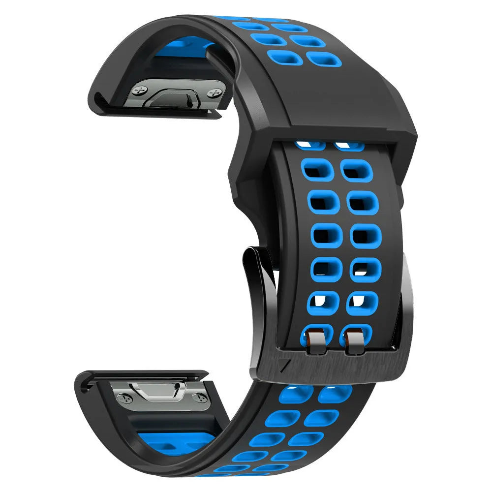 Two-colour silicone quick release watch strap with pin buckle in black and orange combination