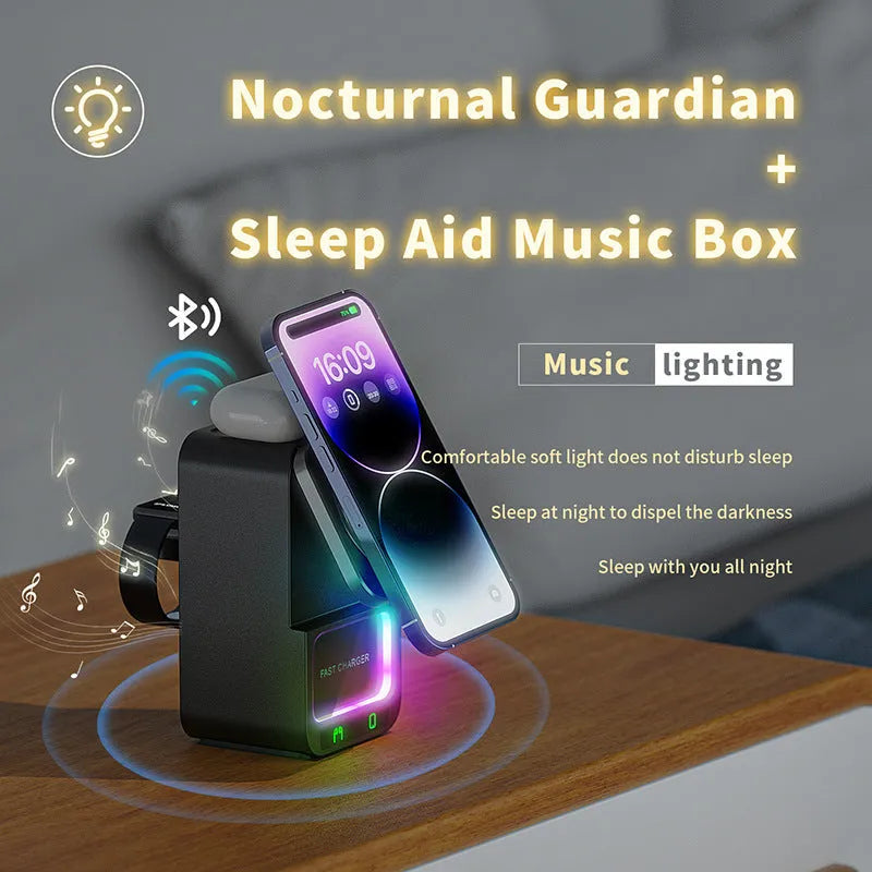 White and black Bluetooth speaker with wireless charging pad showing QC3.0 fast charge capability