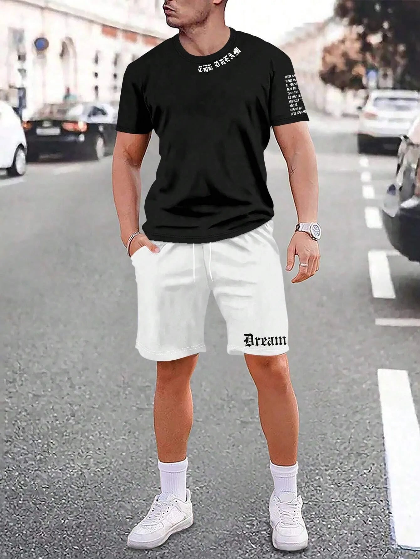 Men's blue short sleeve shirt and matching shorts casual sports outfit