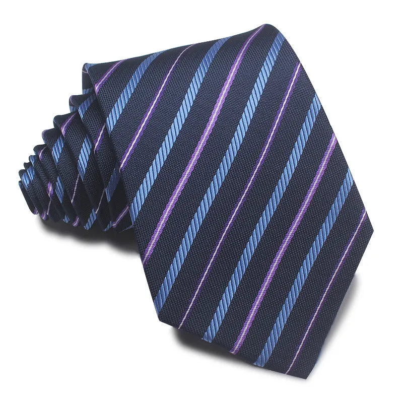 Men's 8cm polyester jacquard striped business tie in red black and blue formal arrow type