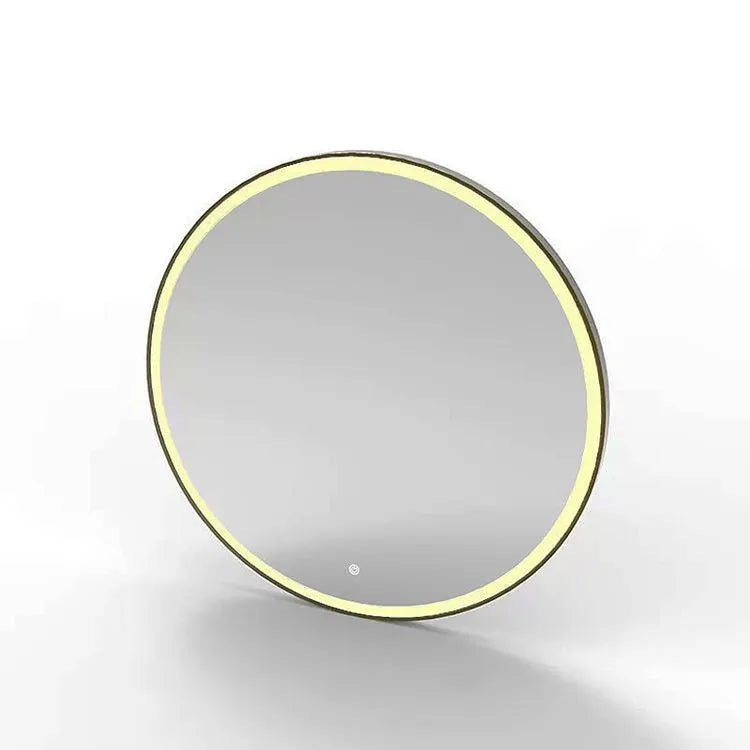 Black frame round smart LED bathroom mirror with touch control mounted on wall