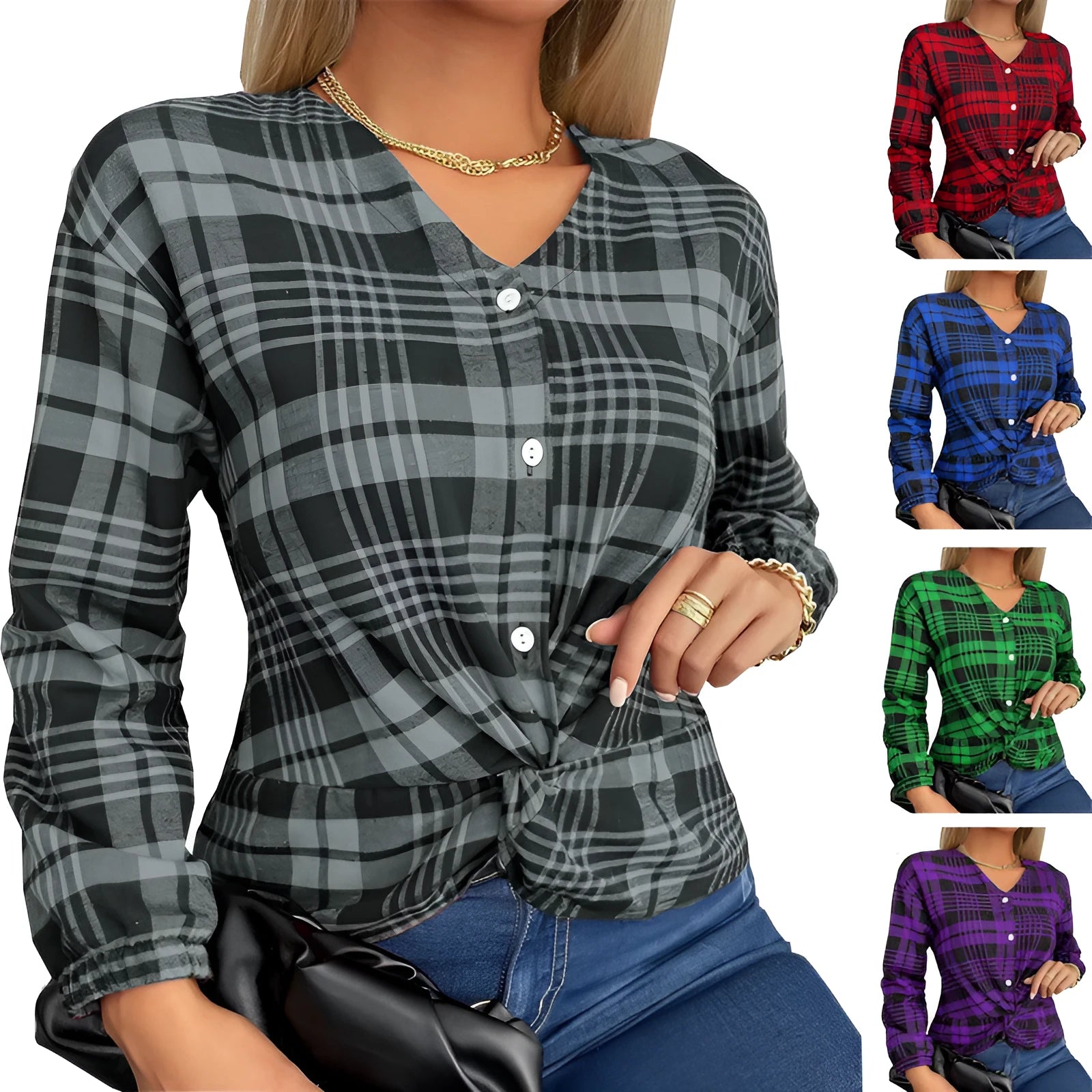 Woman wearing a loose-fitting purple, grey, and red plaid casual shirt with regular sleeves.