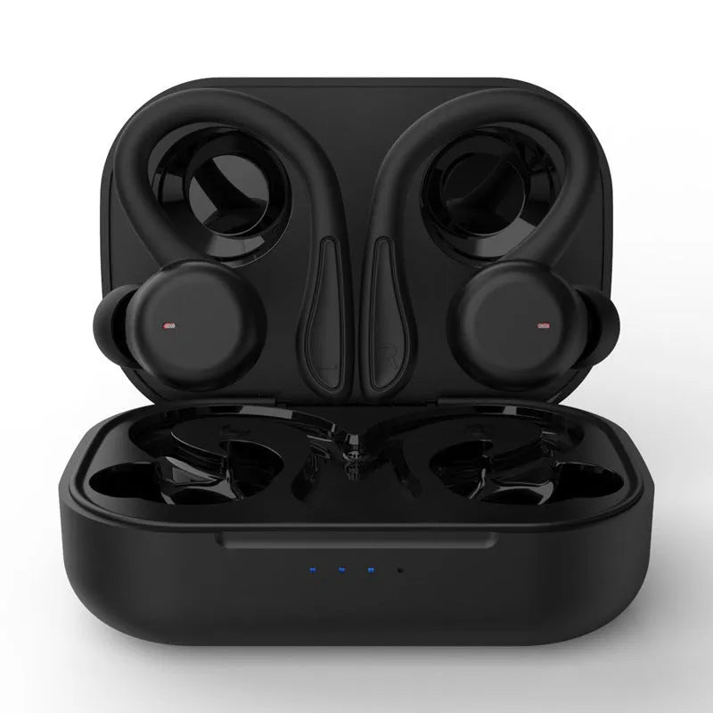 True wireless sports headphones with active noise cancelling shown in black, with removable ear hooks and multiple earbud sizes.