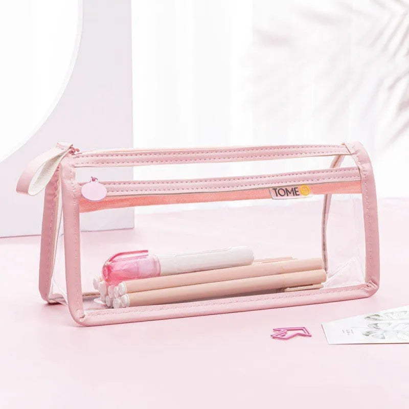 Transparent double-layer pencil case showing two compartments with writing instruments inside, dimensions 220x110x80mm