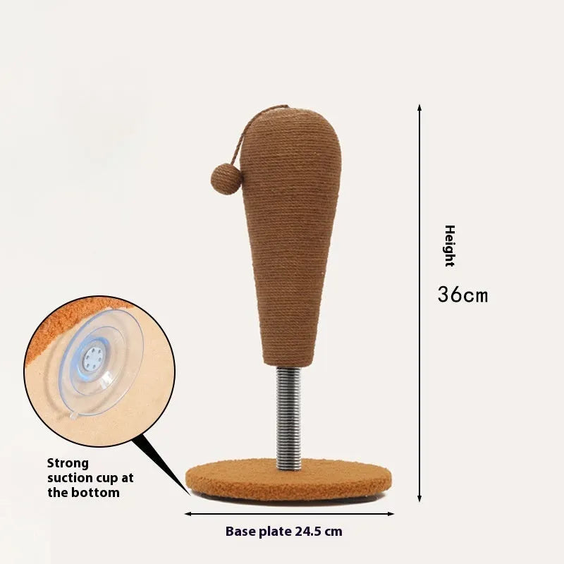 Cat scratch board with hemp rope surface, shown with either a grasping ball or tumbler toy.