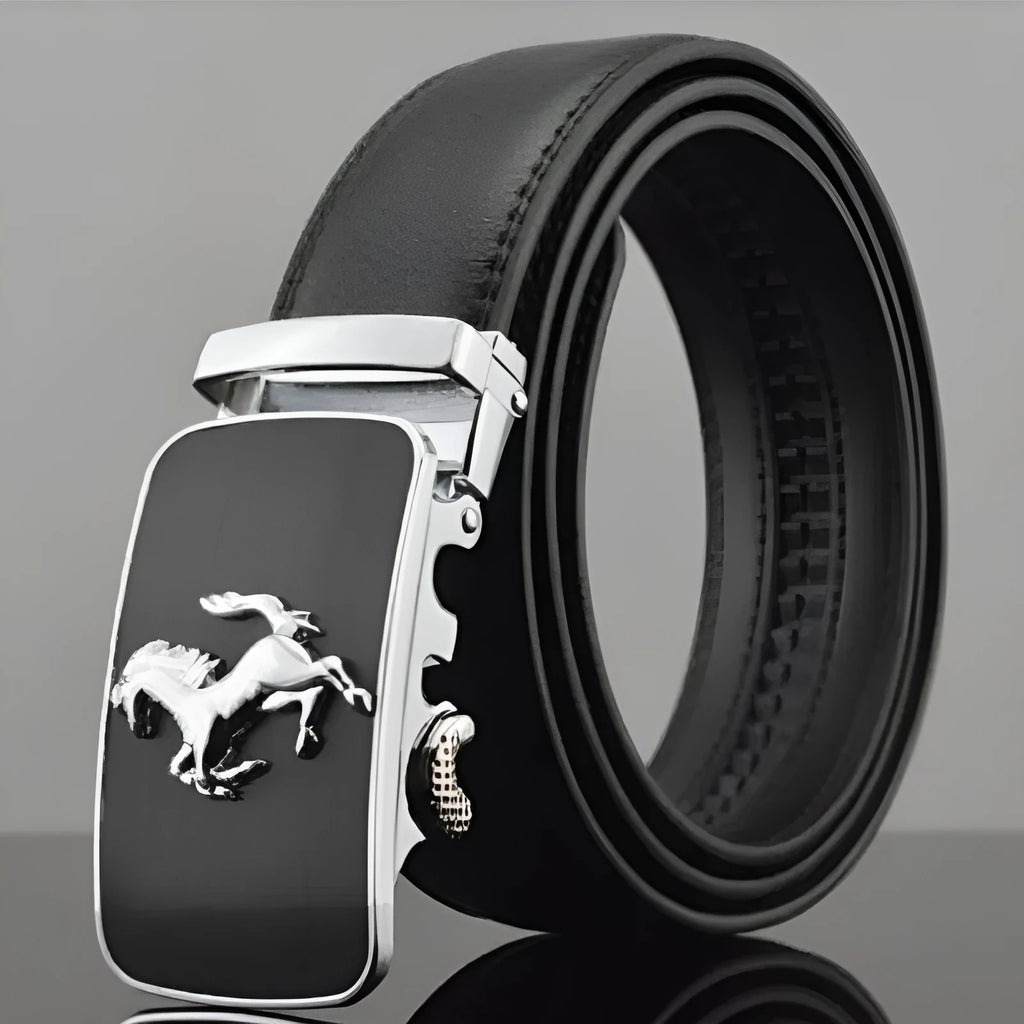 Men's black leather belt with an automatic buckle on a 3.5 cm wide cowhide strap.
