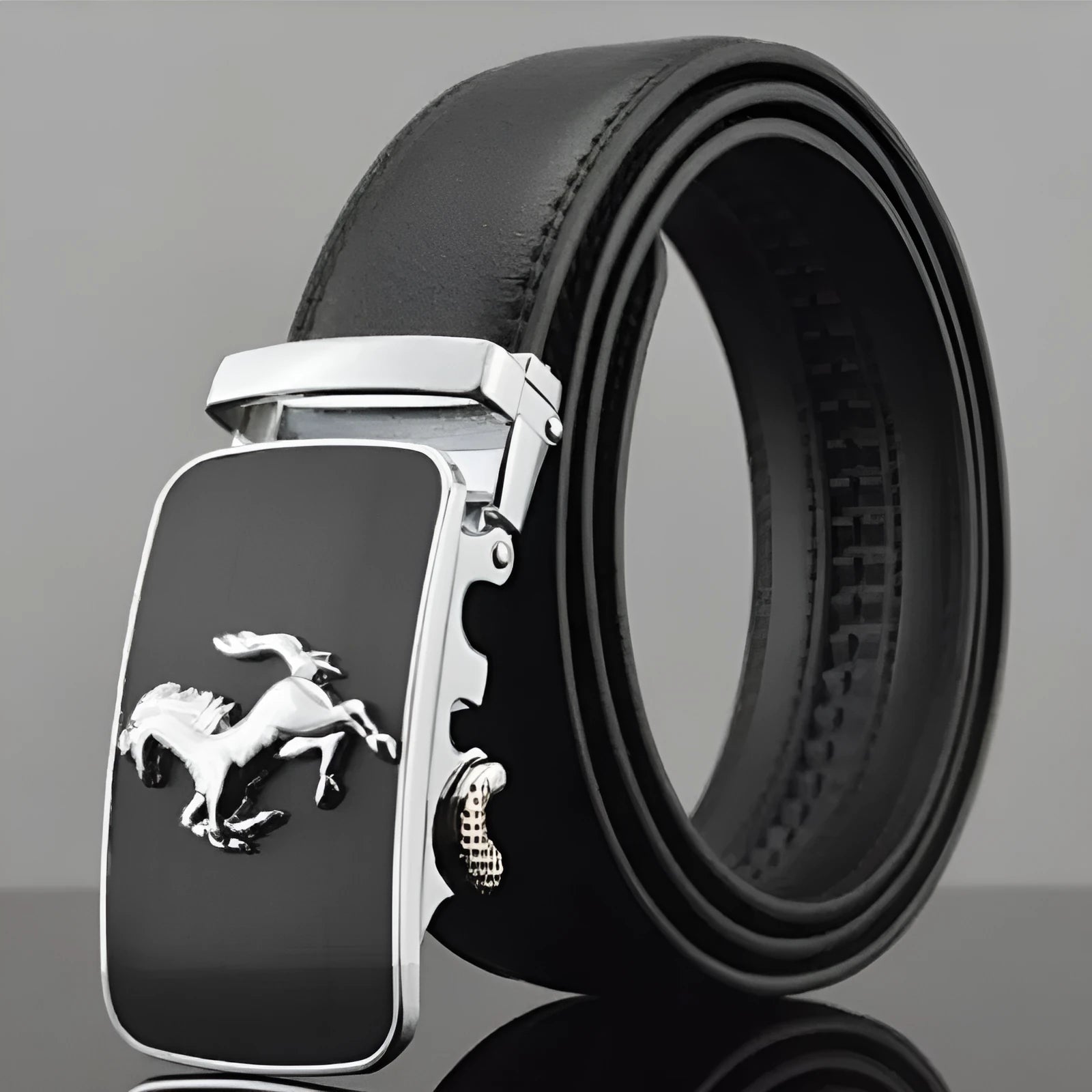 Men's black leather belt with an automatic buckle on a 3.5 cm wide cowhide strap.