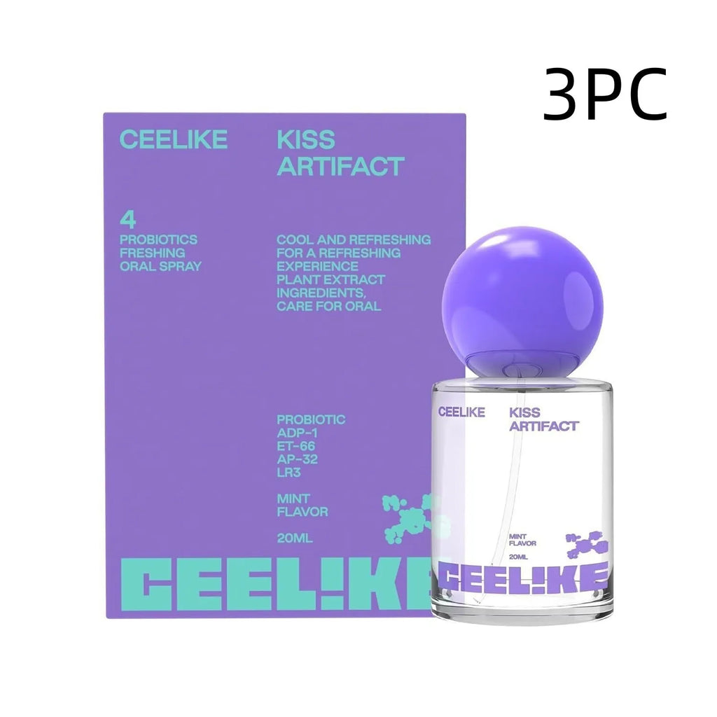 A portable 20ml bottle of probiotics oral care spray with a white pump spray head.