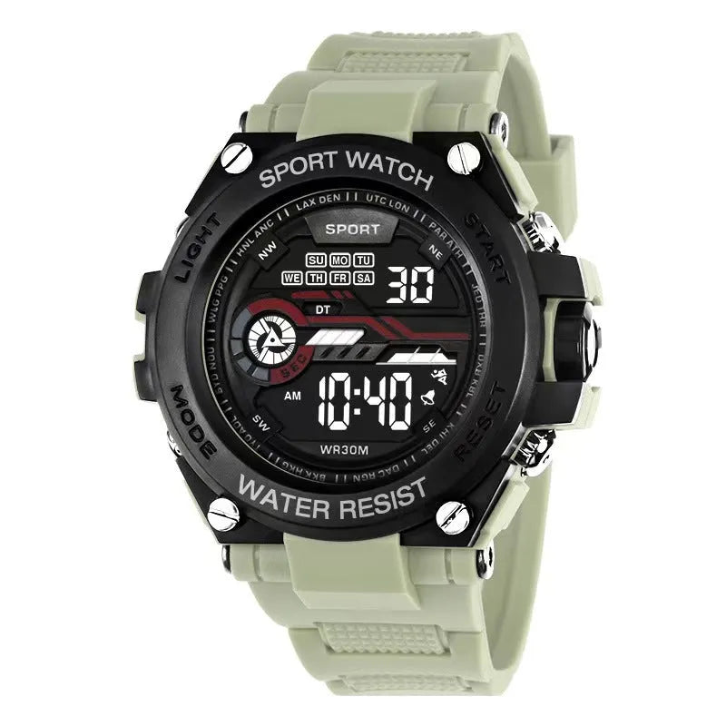 Fashion electronic watch with LED digital display showing ten different colour variations on wrist