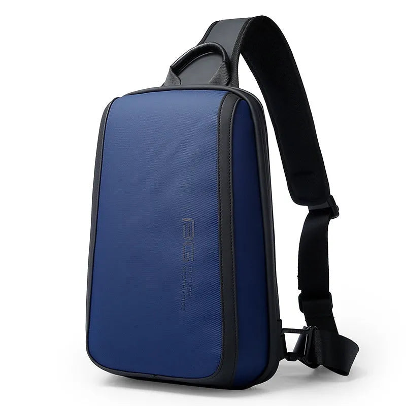 Blue men's chest bag with double shoulder straps and a soft handle, made from Oxford cloth.
