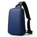 Blue men's chest bag with double shoulder straps and a soft handle, made from Oxford cloth.