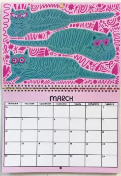 A4 cat calendar wall planner with hanging hook showing domestic cat illustrations
