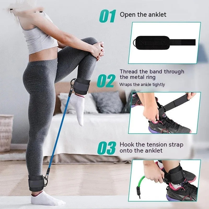 TPE resistance band set in three tension levels with ankle buckles and foot loops