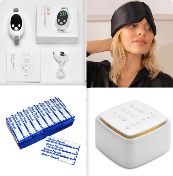 White handheld sleep aid device with remote control and wearable bracelet on charging cable