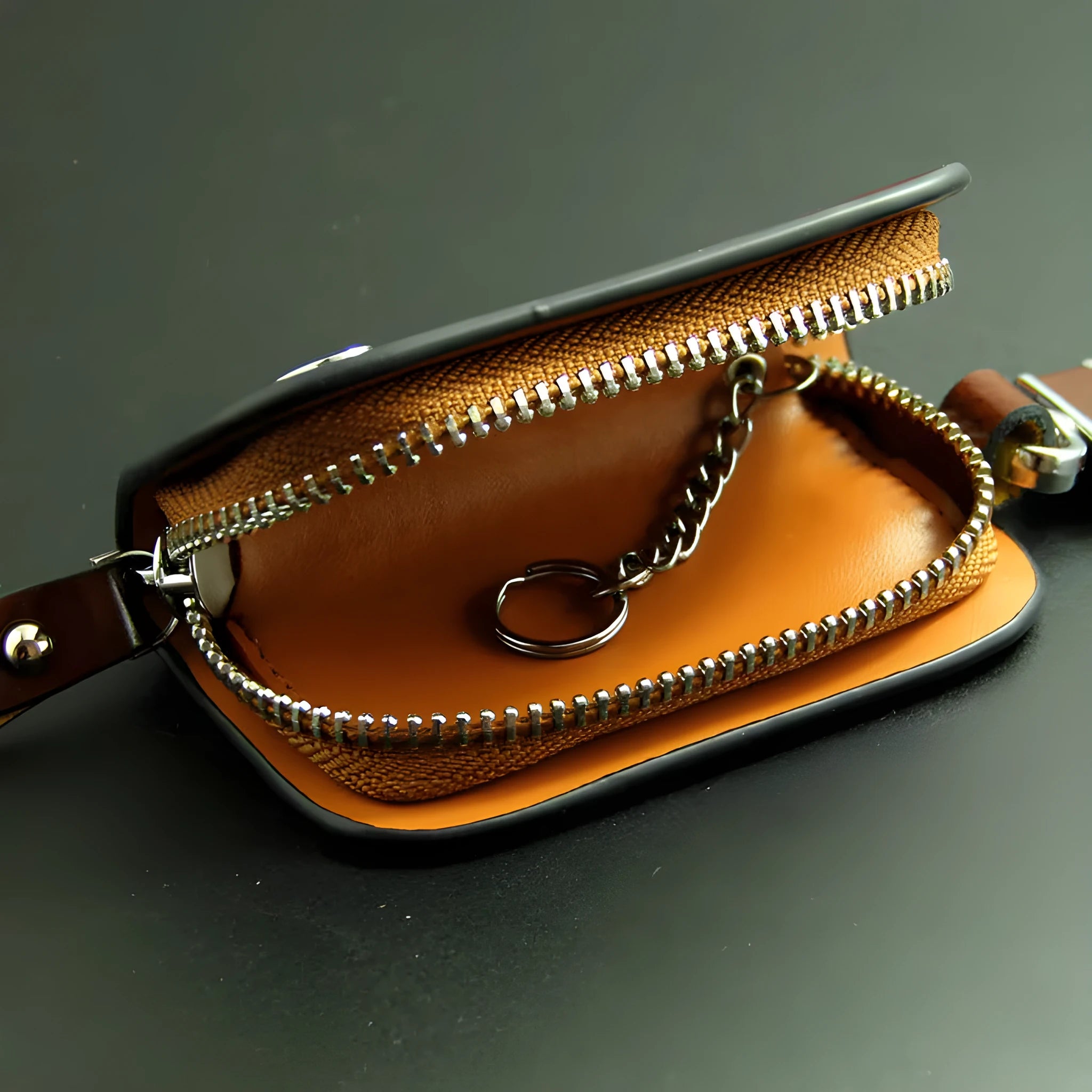 Genuine soft cowhide leather car key case in black or brown with frosted finish
