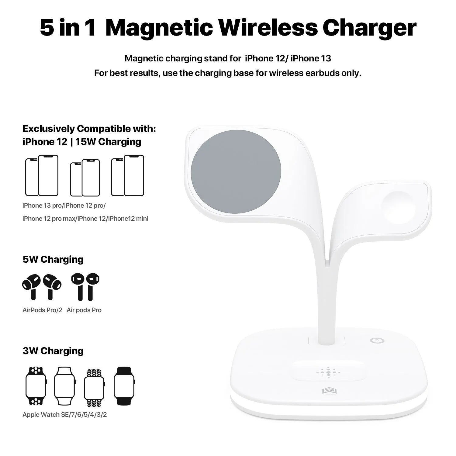 Black 3-in-1 wireless charging stand for phone, watch and headphones on a desk