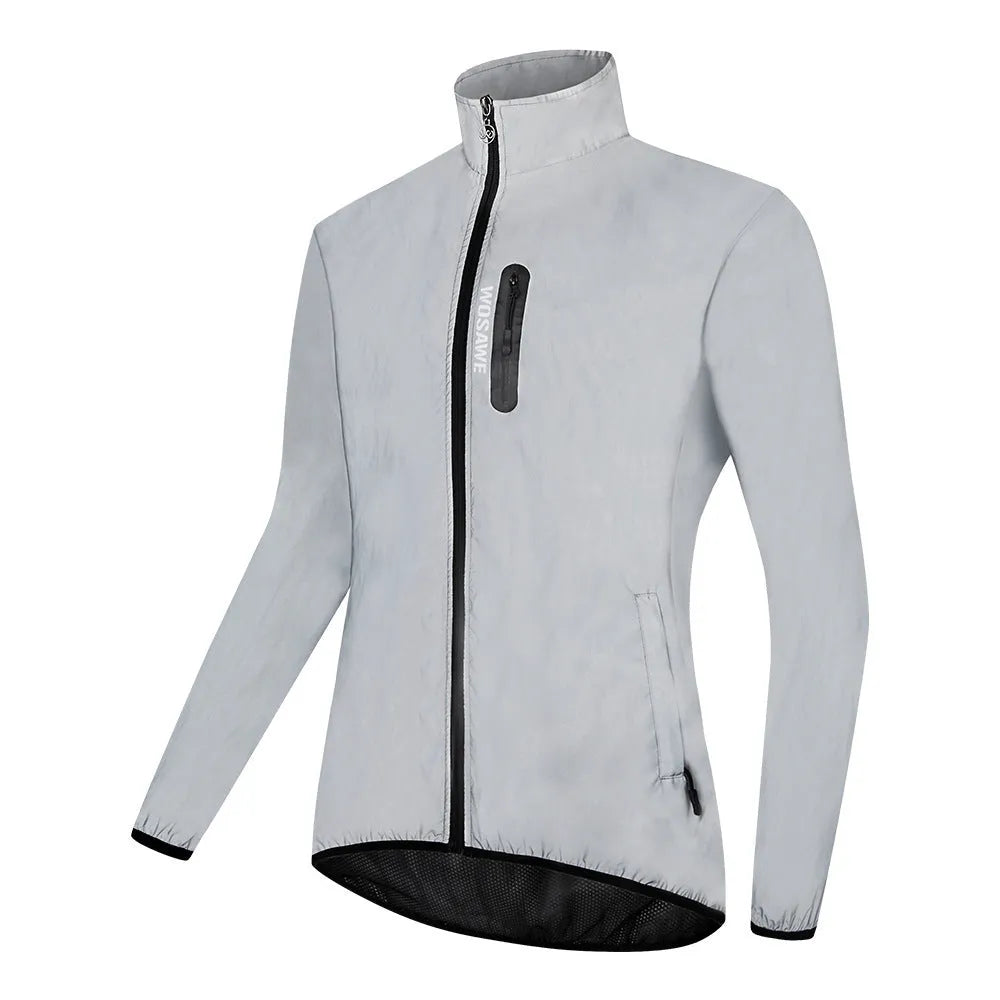 Silver waterproof polyester long sleeved top with windproof function on mannequin