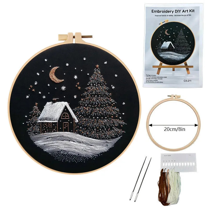 Christmas snow house embroidery fabric kit 28x28cm cotton linen with CX211 tool set landscape pattern