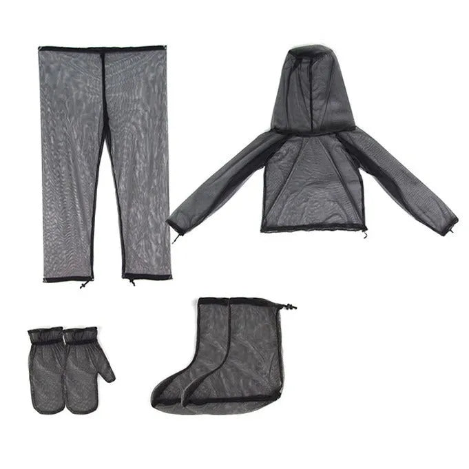 Full four-piece anti-mosquito suit set including hooded mesh top, pants, and protective booties for outdoor activities