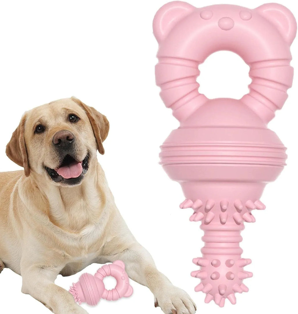 Blue rubber dog chew toy with textured surface for cleaning teeth, shown next to a measuring tape indicating 13.5 cm size.