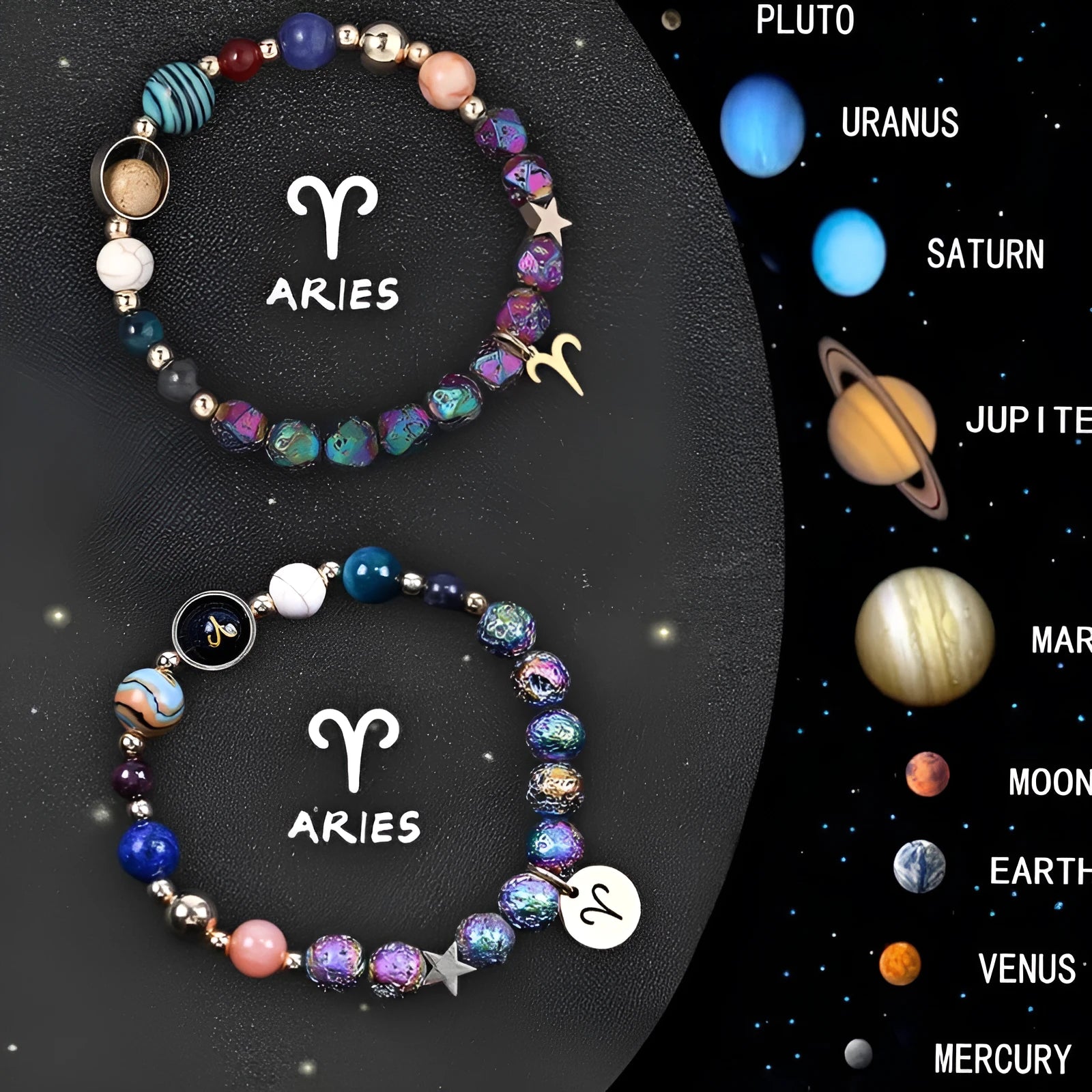 Two natural stone beaded bracelets laid out, each featuring designs for different zodiac signs.