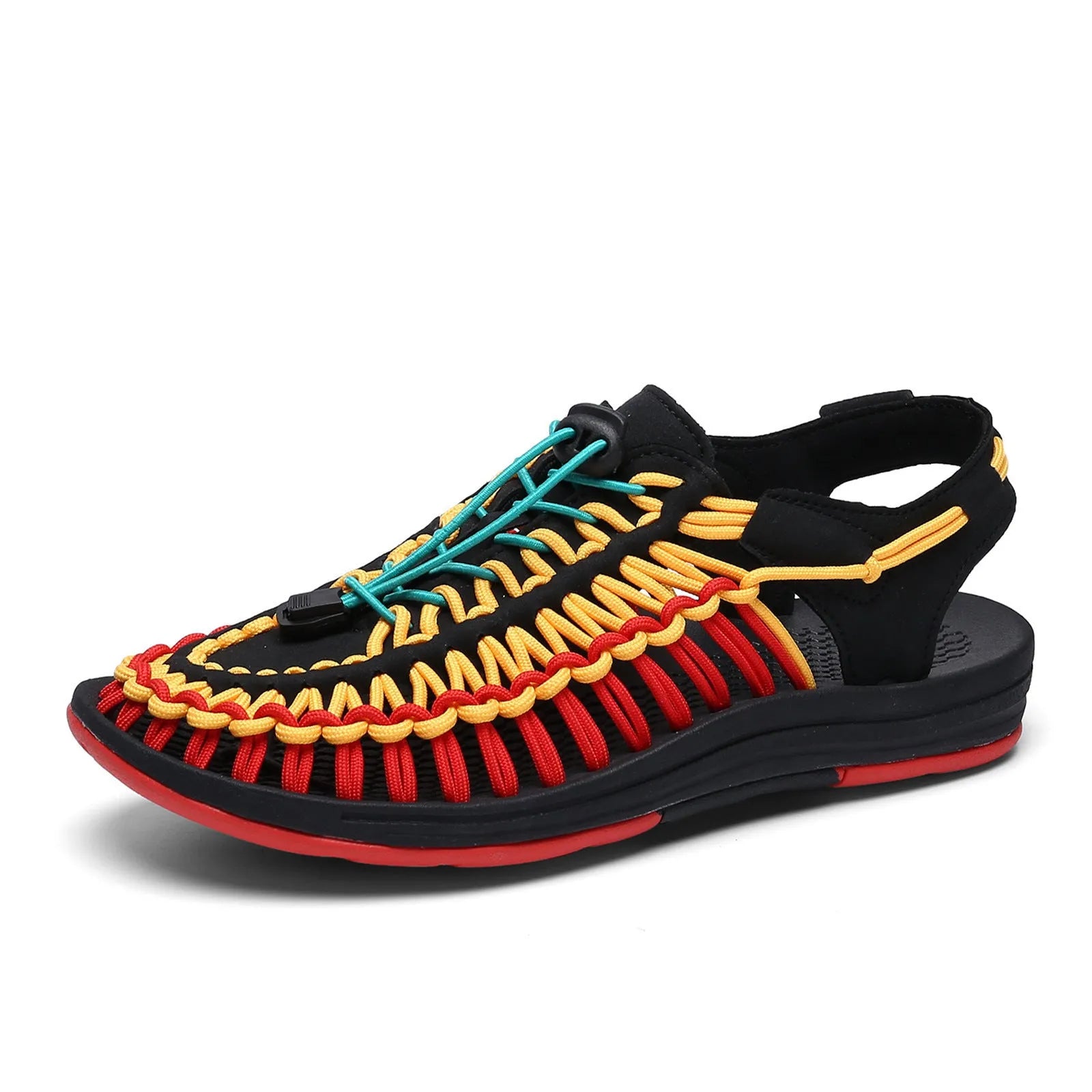 Elastic drawstring woven sandals in rainbow colour with rubber sole and baotou front design