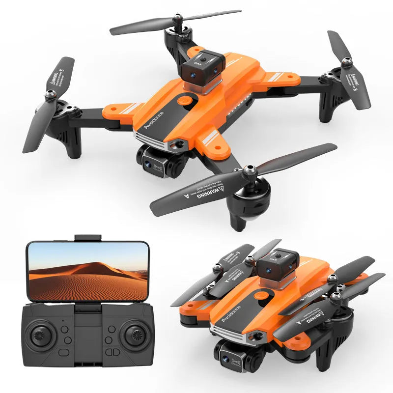 Orange quadcopter drone with four propellers and dual cameras showing obstacle avoidance sensors