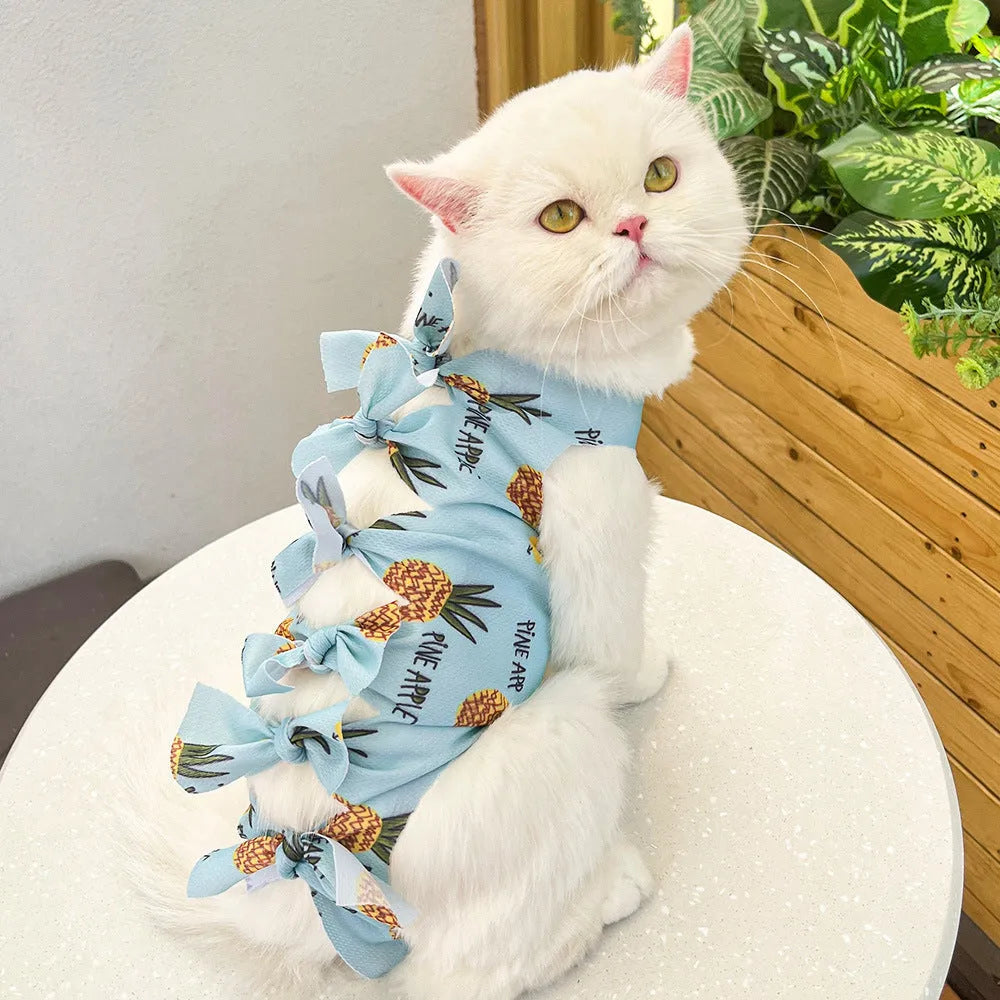 Polyester lace-up cat recovery suit in multiple colours for post-sterilisation surgery protection