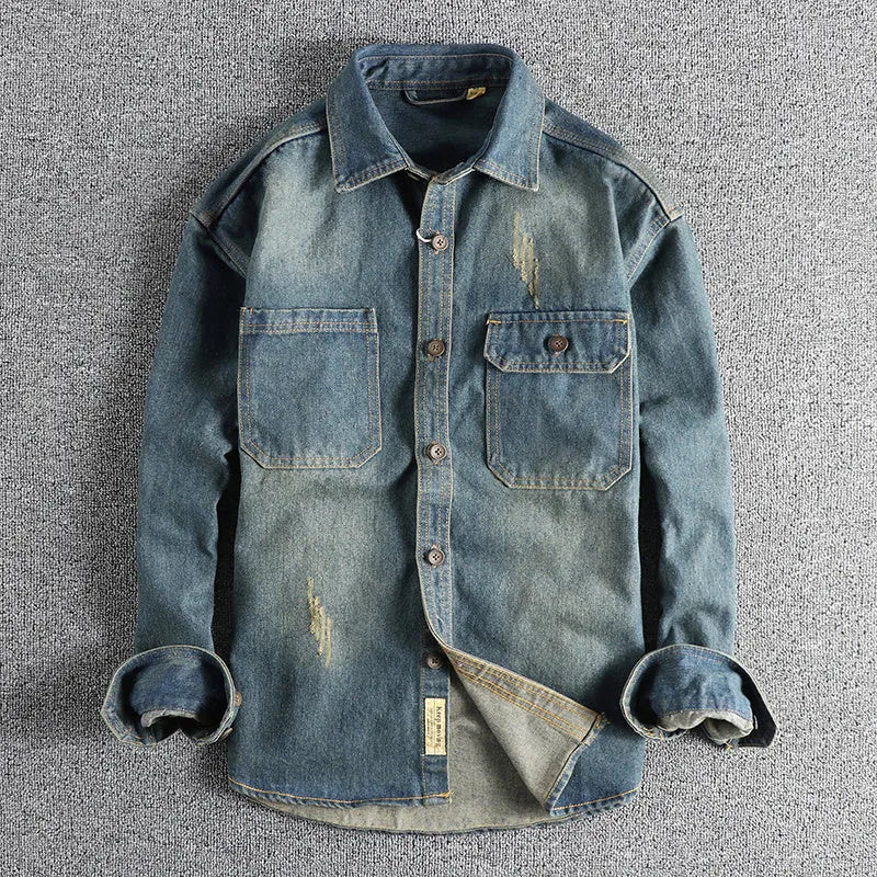 Men's light blue vintage washed denim shirt with loose fit and cardigan style