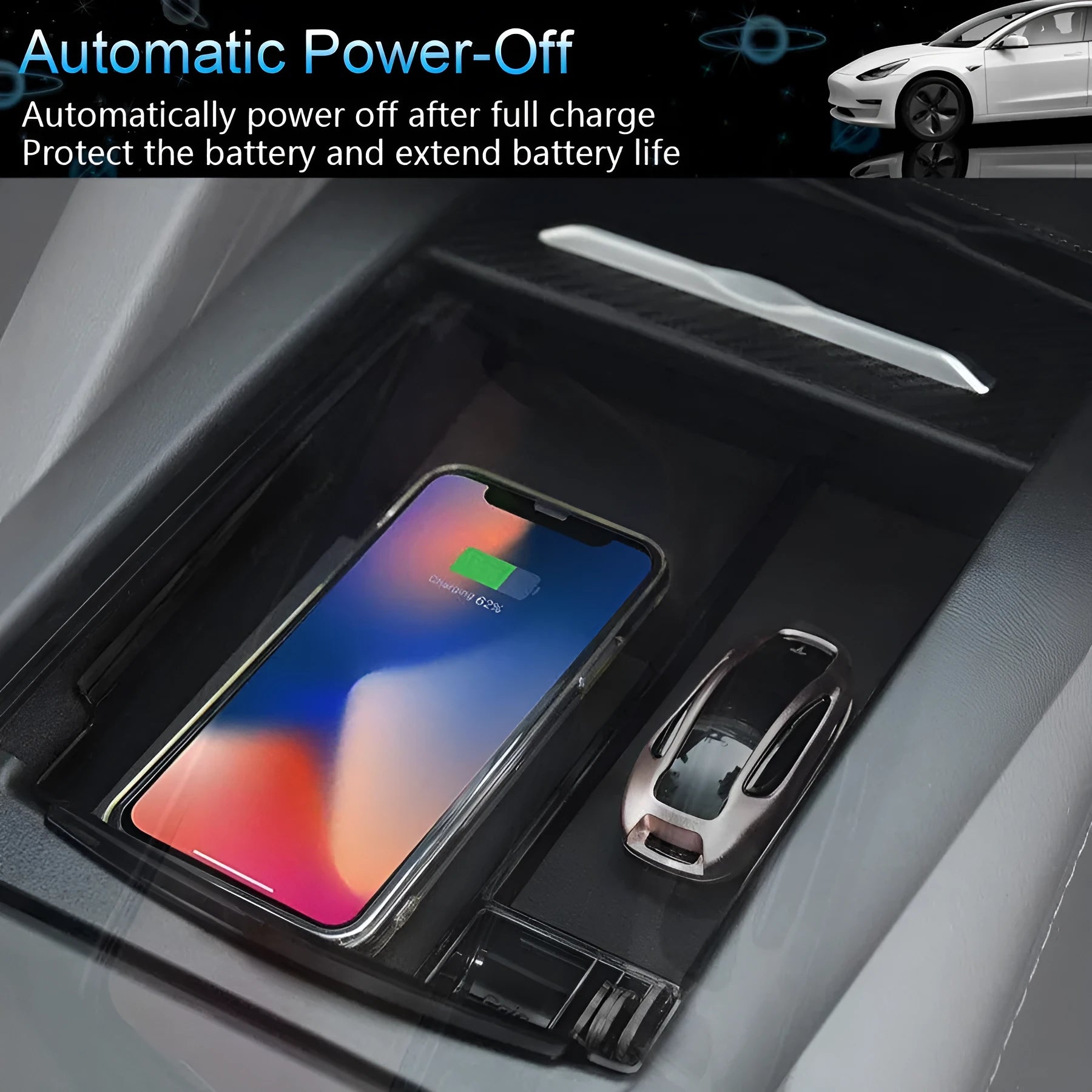 Black wireless charging storage box with Qi compatibility and base support for device organisation