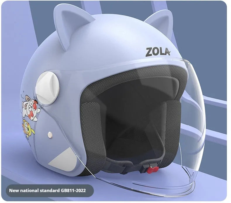 Winter electric bike helmet with anti-fog visor shown in blue colour with attached ear covers.