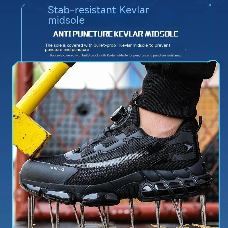 Men's black lightweight work safety shoes with steel toe cap and lace-up front.