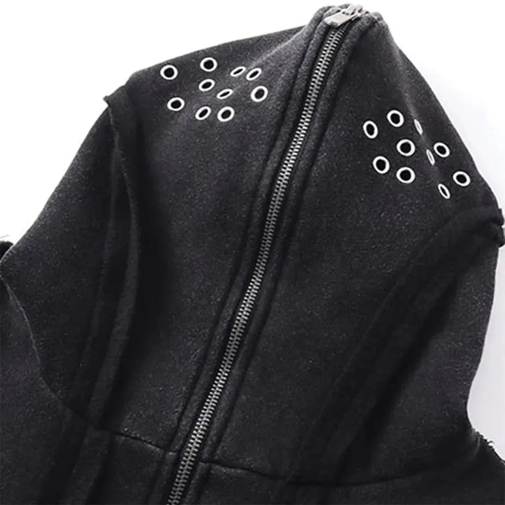 Black retro loose coat with zip front, hood, and abstract pattern design