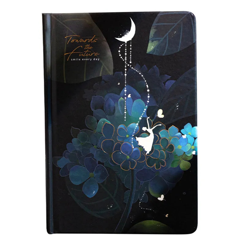 A5 notebook with a luminous cover open to show internal colour illustrations, next to Purple, Light Blue, Gold, and Deep Blue colour options.