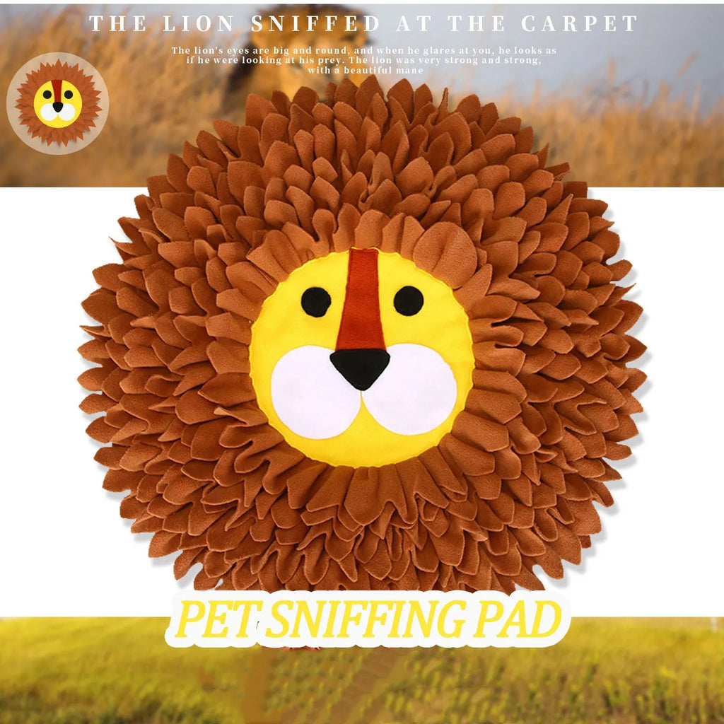 Brown lion-shaped pet sniffing pad with textured surface for treat hiding, 33 cm long
