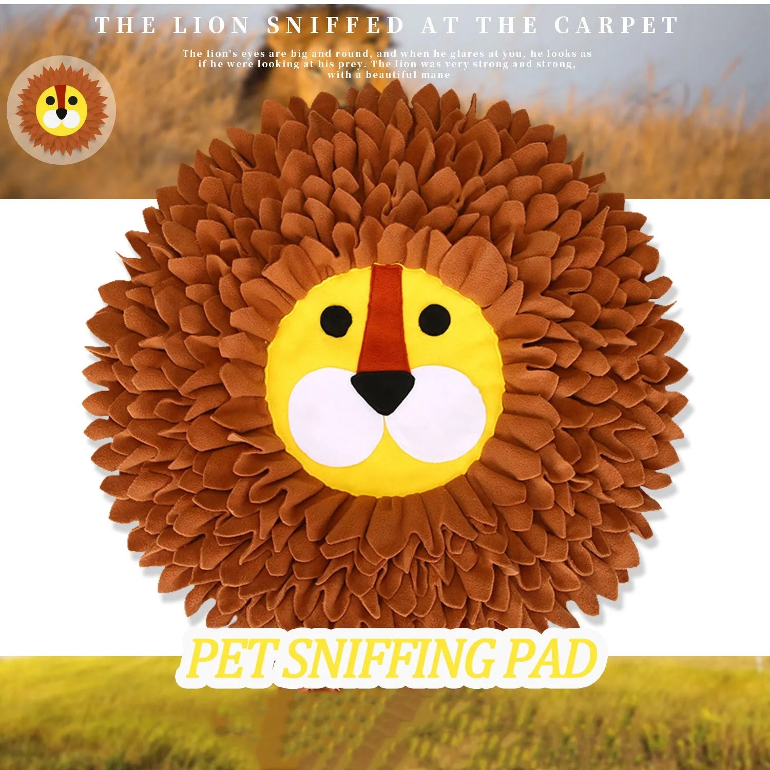 Brown lion-shaped pet sniffing pad with textured surface for treat hiding, 33 cm long