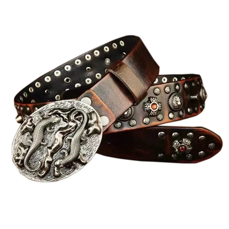 Men's black leather belt with punk-style alloy buckle featuring rivet details, laid flat showing length.