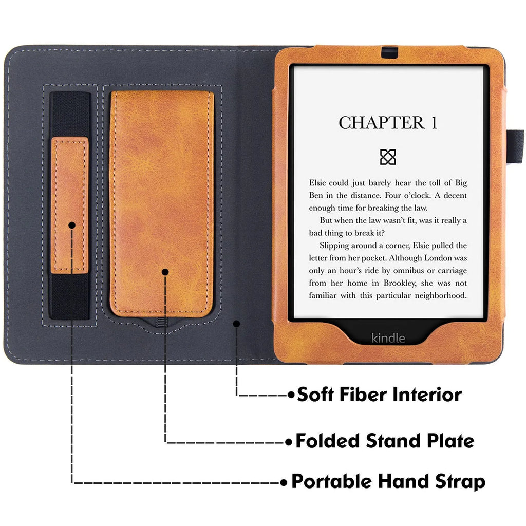 Kindle Paperwhite 5 calf leather case with wrist splint bracket in black