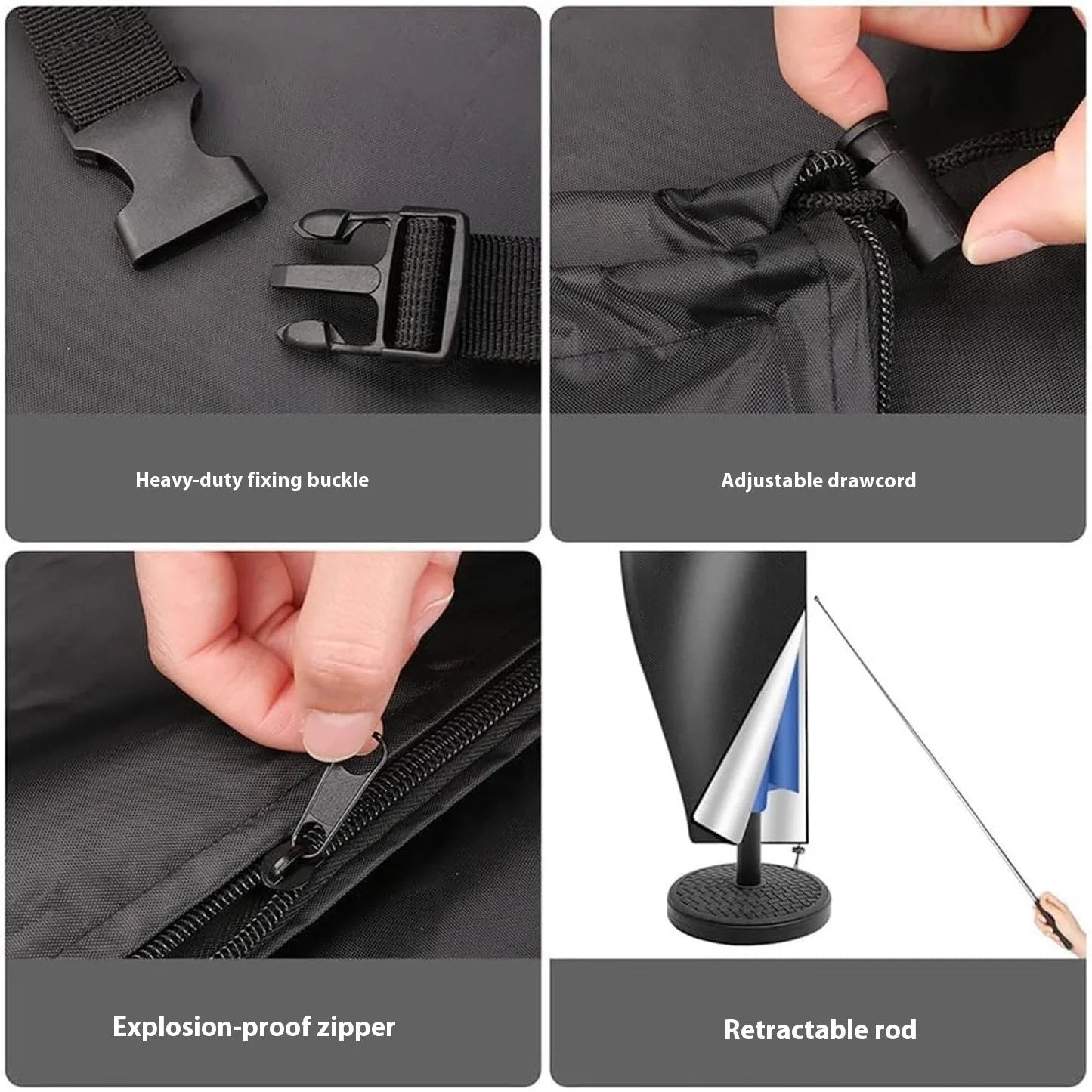 Waterproof banana umbrella cover for offset outdoor umbrellas in grey oxford cloth with drawstring closure