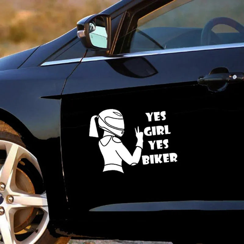 Waterproof riding girl character car sticker on PET film, 16cm wide by 15cm high.