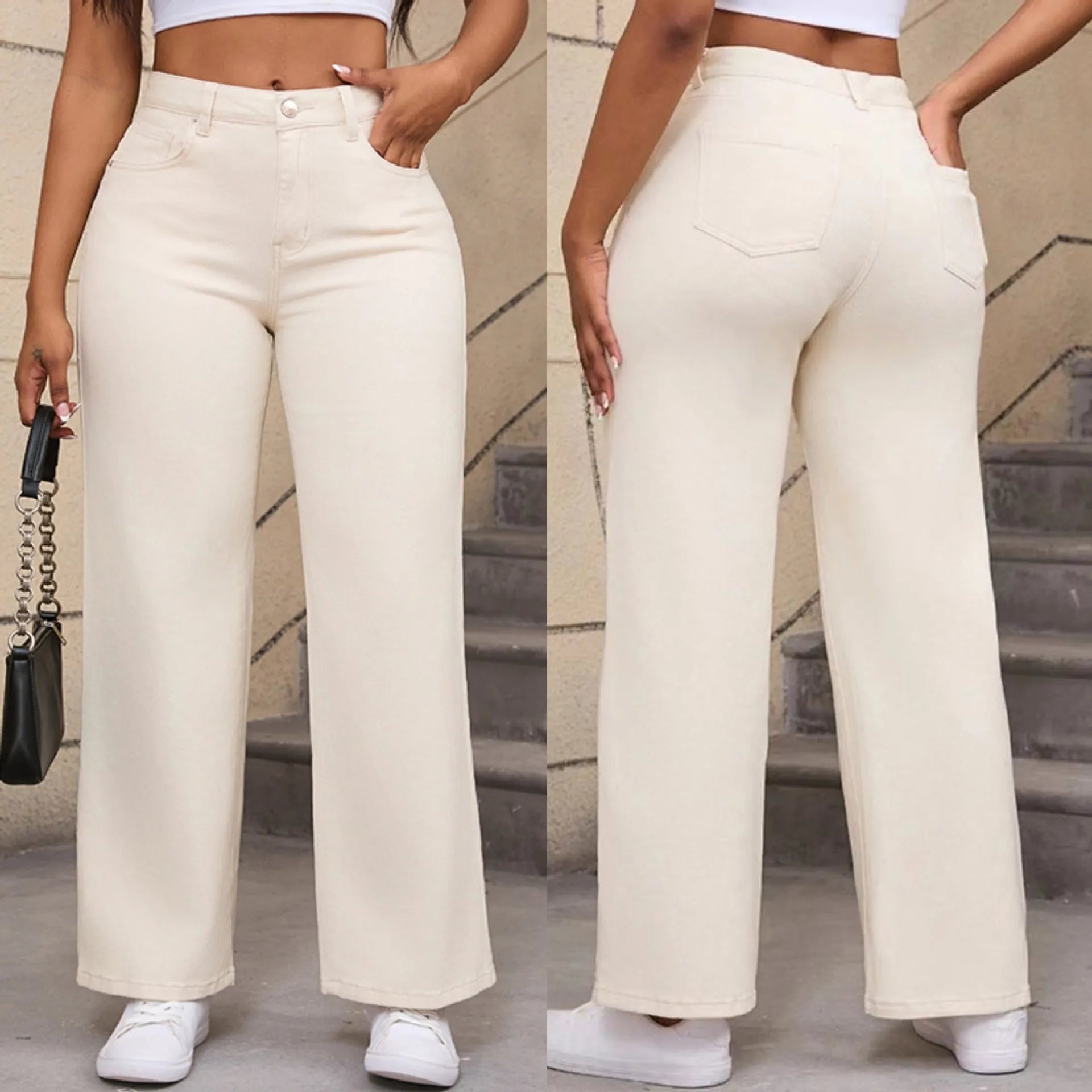 Women's high waist straight leg wide jeans in apricot and khaki colours