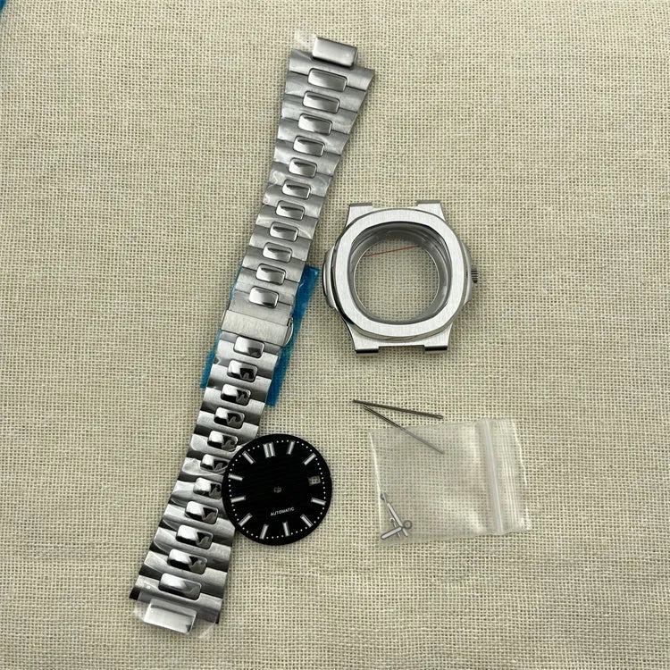 Watch assembly accessory set with nautilus shell case, band and pointer in precision steel for NH35 movement