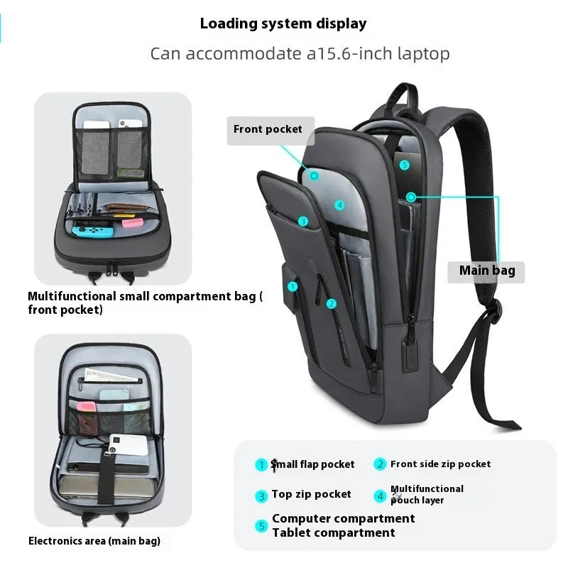 Men's lightweight Oxford cloth business backpack with slim design and visible sewing line details