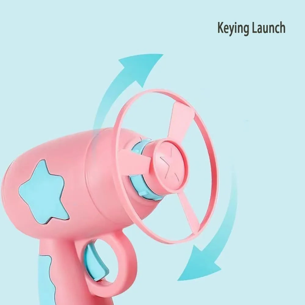 Blue or pink plastic cat toy gun with frisbee launcher for indoor feline play