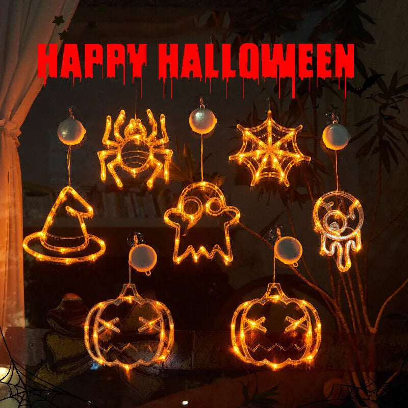 Halloween window hanging LED lights with suction cups showing multiple horror-themed designs powered by batteries