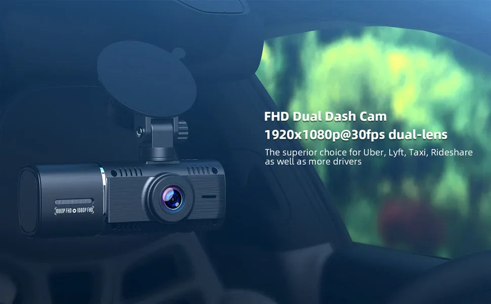 Black dashcam car camera with wide-angle lens, 1.5-inch screen, and mounting stand